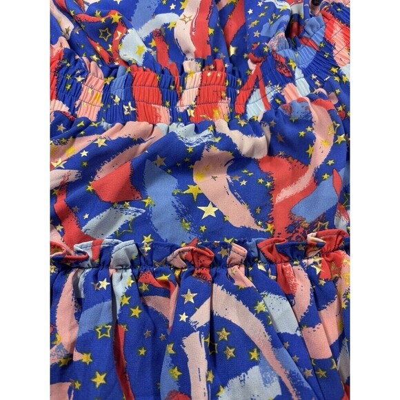Buddy Love Off Shoulder Dress Blue Red Firework Print Large Ruffled - Picture 11 of 12